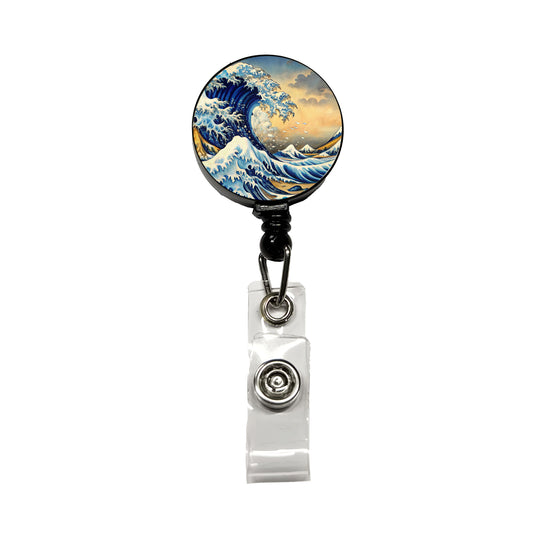 Japanese Blue Ocean Waves Ink Painting Retractable ID Key Card Name Tag Badge Holder with Clip