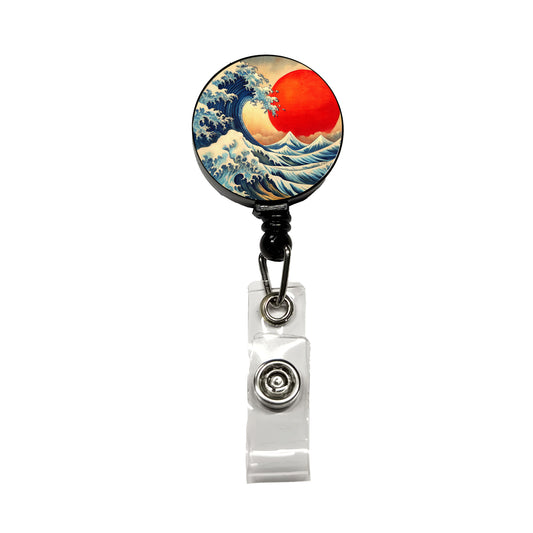 Japanese Blue Ocean Waves Large Red Sun Ink Painting Retractable ID Key Card Name Tag Badge Holder with Clip