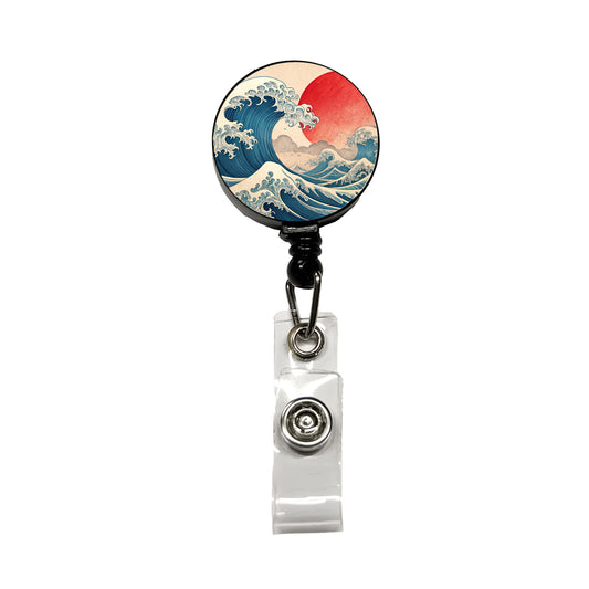 Japanese Blue Ocean Waves Large Sun Retractable ID Key Card Name Tag Badge Holder with Clip