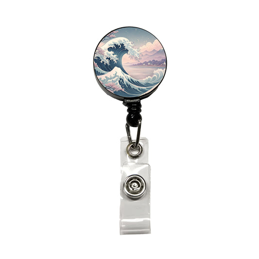 Japanese Blue Pink Ocean Waves and Sakura Blossoms Retractable ID Key Card Name Tag Badge Holder with Clip