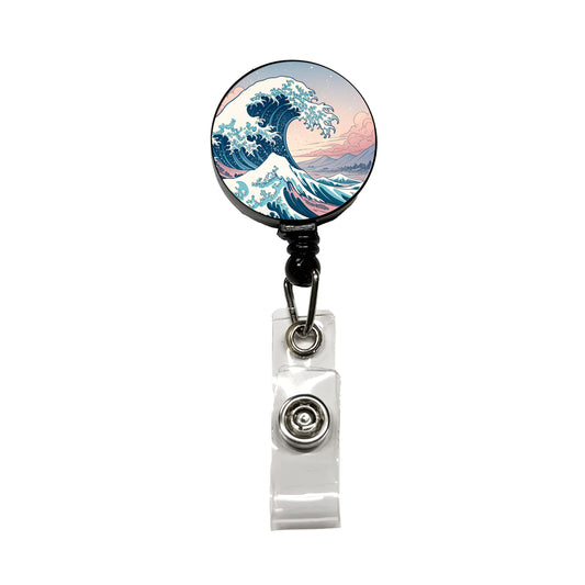 Japanese Blue Pink Ocean Waves Retractable ID Key Card Name Tag Badge Holder with Clip