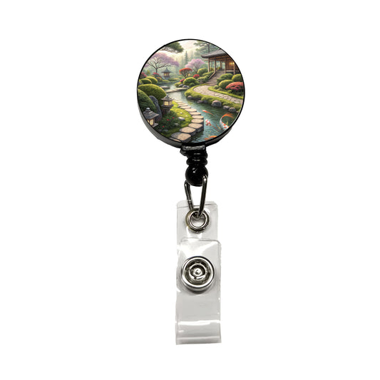 Japanese Garden with Koi Retractable ID Key Card Name Tag Badge Holder with Clip