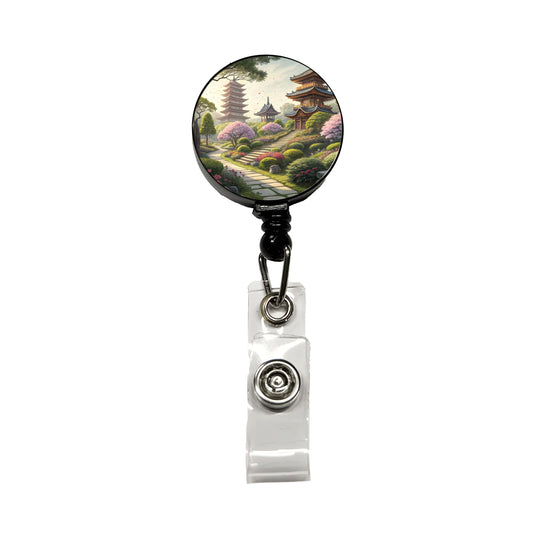 Japanese Garden With Pagodas Retractable ID Key Card Name Tag Badge Holder with Clip