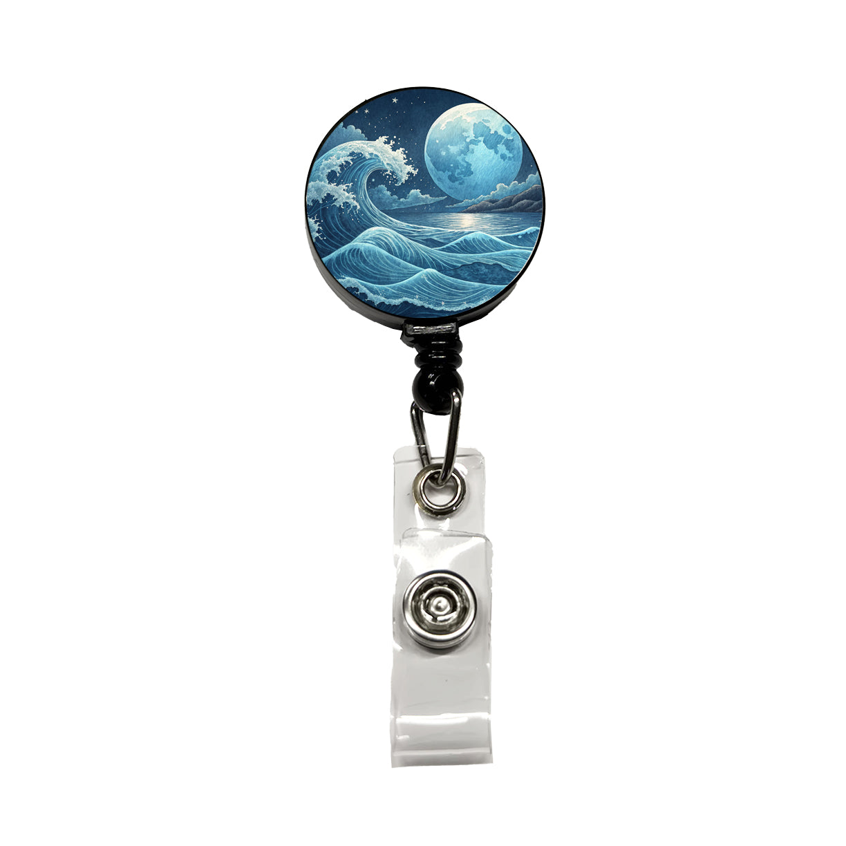 Japanese Ocean Waves Under Large Moon Retractable ID Key Card Name Tag Badge Holder with Clip