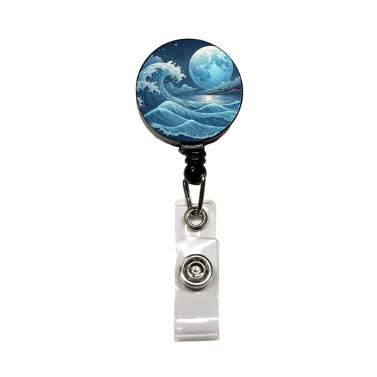 Japanese Ocean Waves Under Large Moon Retractable ID Key Card Name Tag Badge Holder with Clip