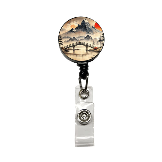 Japanese Style Ink Painting Bridge Over Water Landscape Retractable ID Key Card Name Tag Badge Holder with Clip