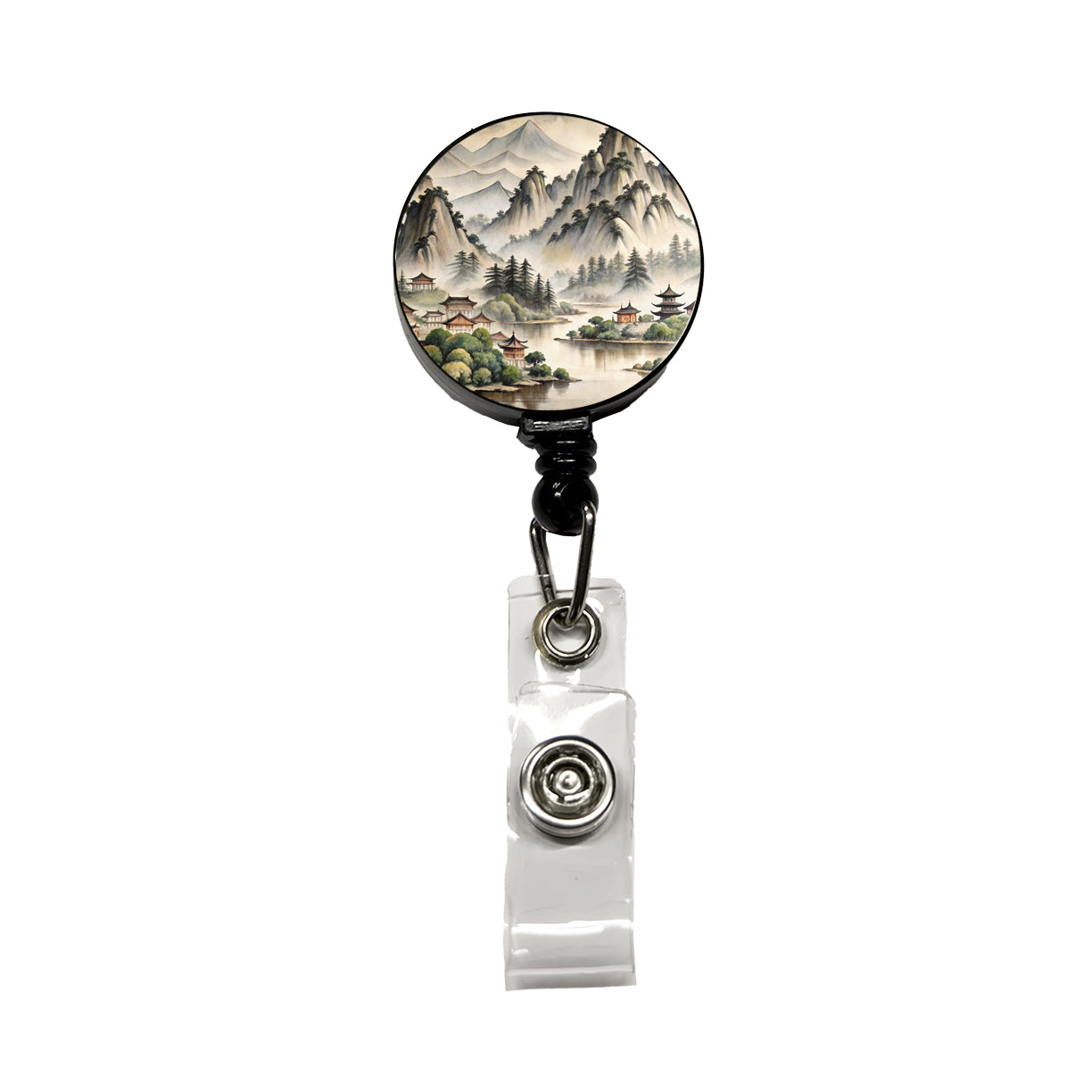 Japanese Style Ink Painting Lake and Mountains Landscape Retractable ID Key Card Name Tag Badge Holder with Clip