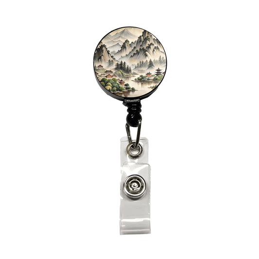Japanese Style Ink Painting Lake and Mountains Landscape Retractable ID Key Card Name Tag Badge Holder with Clip
