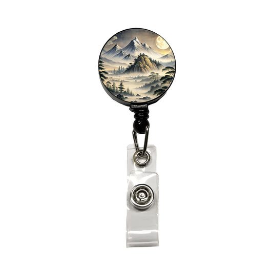Japanese Style Ink Painting Landscape Misty Mountains Large Moon Retractable ID Key Card Name Tag Badge Holder with Clip