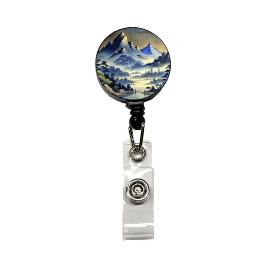 Japanese Style Ink Painting Landscape Mountains At Night Retractable ID Key Card Name Tag Badge Holder with Clip