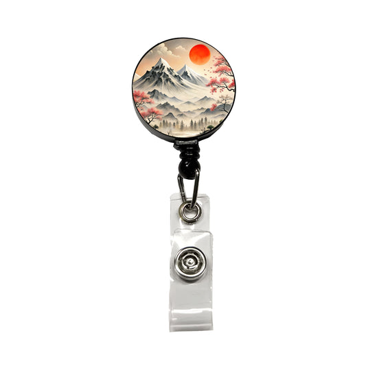 Japanese Style Ink Painting Landscape Mountains Under Red Sun Retractable ID Key Card Name Tag Badge Holder with Clip