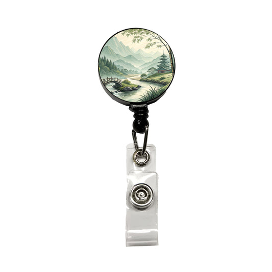 Japanese Style Ink Painting Landscape Retractable ID Key Card Name Tag Badge Holder with Clip