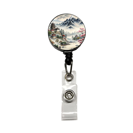 Japanese Style Ink Painting Mountain Landscape Retractable ID Key Card Name Tag Badge Holder with Clip