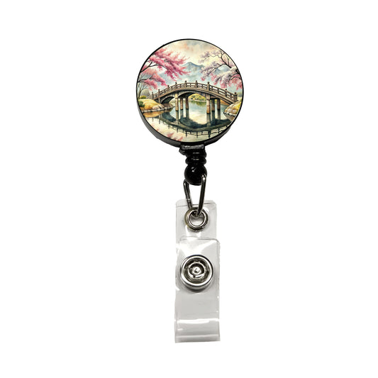 Japanese Style Ink Painting Sakura Trees Bridge Water Landscape Retractable ID Key Card Name Tag Badge Holder with Clip