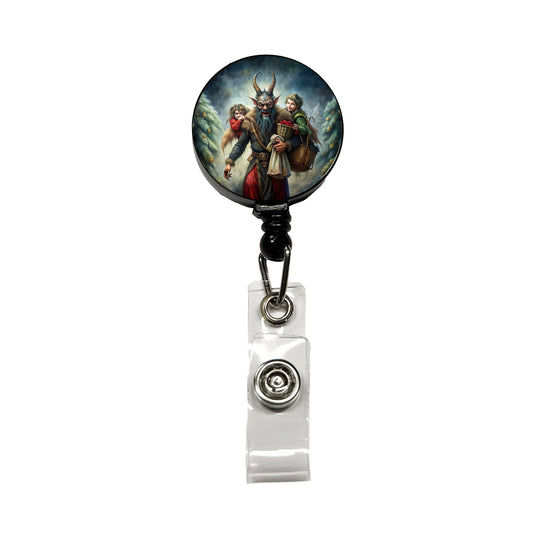 Krampus Carrying Stolen Children at Christmas Retractable ID Key Card Name Tag Badge Holder with Clip