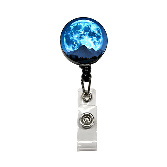 Large Blue Moon Over Mountain Range Retractable ID Key Card Name Tag Badge Holder with Clip
