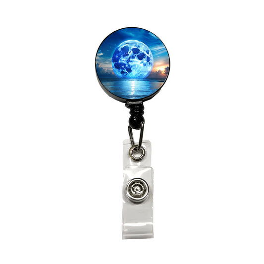 Large Blue Moon Over The Ocean Horizon Retractable ID Key Card Name Tag Badge Holder with Clip