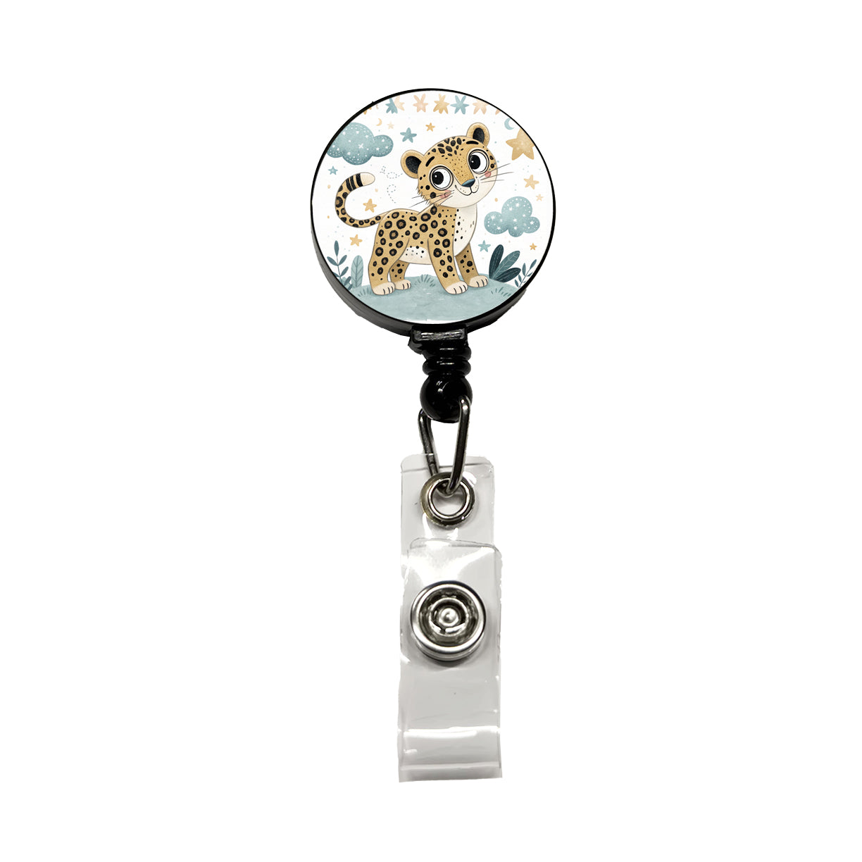Leopard Children's Illustration Style Retractable ID Key Card Name Tag Badge Holder with Clip