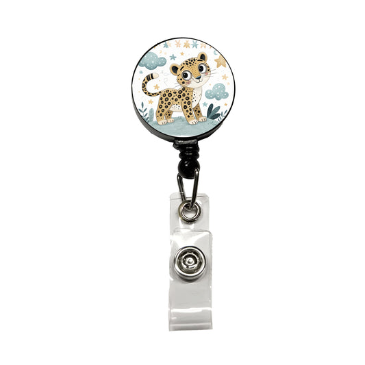 Leopard Children's Illustration Style Retractable ID Key Card Name Tag Badge Holder with Clip