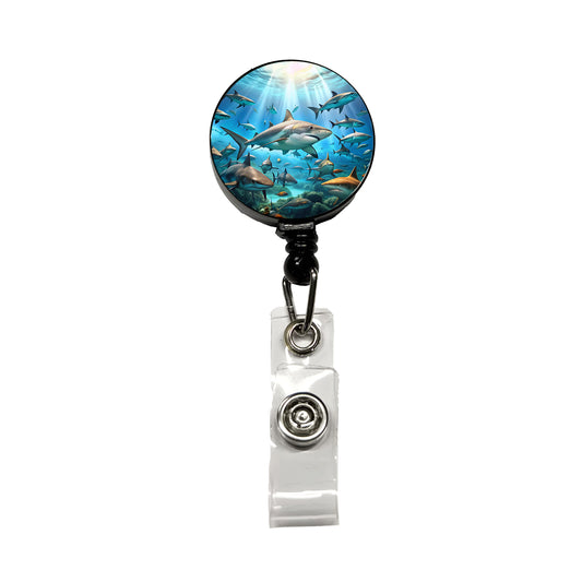 Lots Of Swimming Sharks Retractable ID Key Card Name Tag Badge Holder with Clip