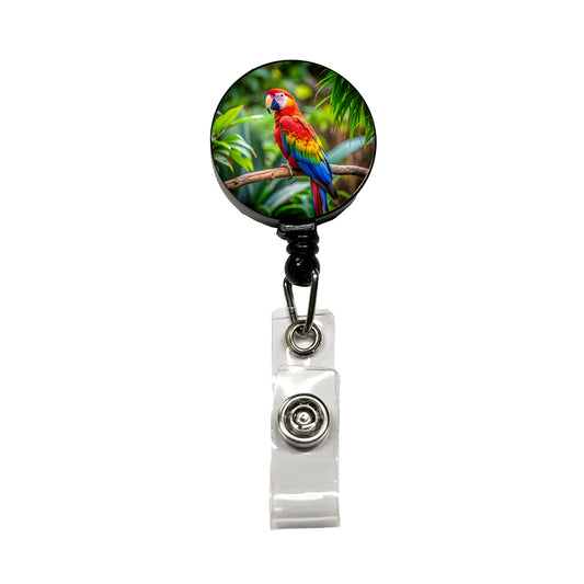 Macaw Parrot Bird On Branch Retractable ID Key Card Name Tag Badge Holder with Clip