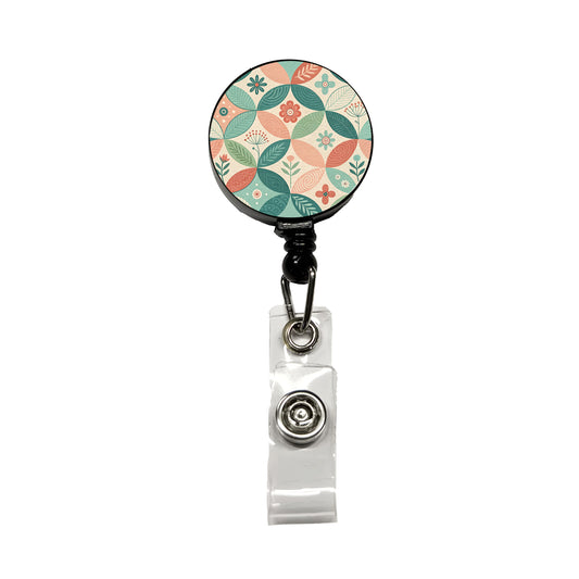 Mid-Century Flower Leaf Pattern Design Retractable ID Key Card Name Tag Badge Holder with Clip