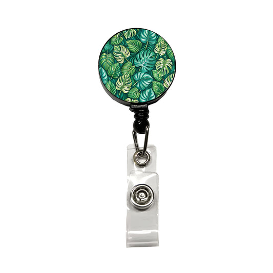 Monstera Leaves Pattern Retractable ID Key Card Name Tag Badge Holder with Clip