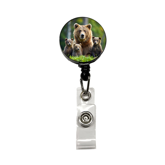 Mother Bear With Cubs Retractable ID Key Card Name Tag Badge Holder with Clip