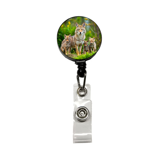 Mother Coyote And Pups Retractable ID Key Card Name Tag Badge Holder with Clip