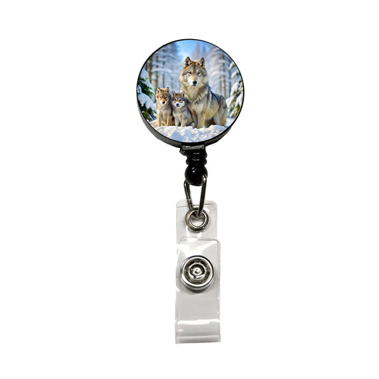 Mother Wolf And Pups In Winter Retractable ID Key Card Name Tag Badge Holder with Clip