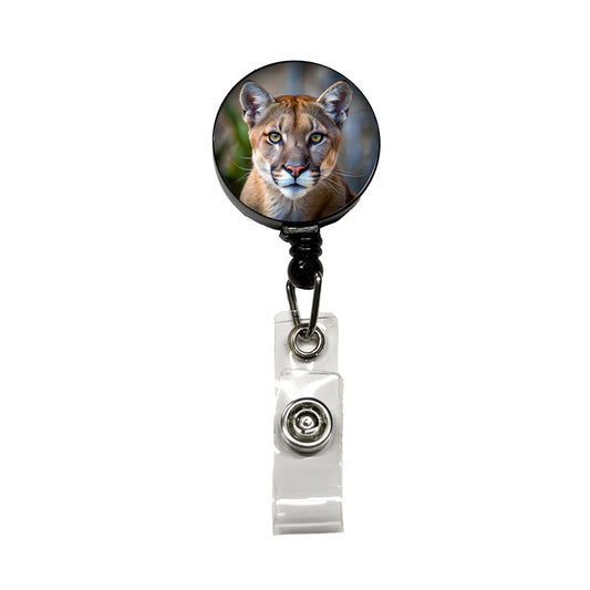 Mountain Lion Cougar Face Retractable ID Key Card Name Tag Badge Holder with Clip