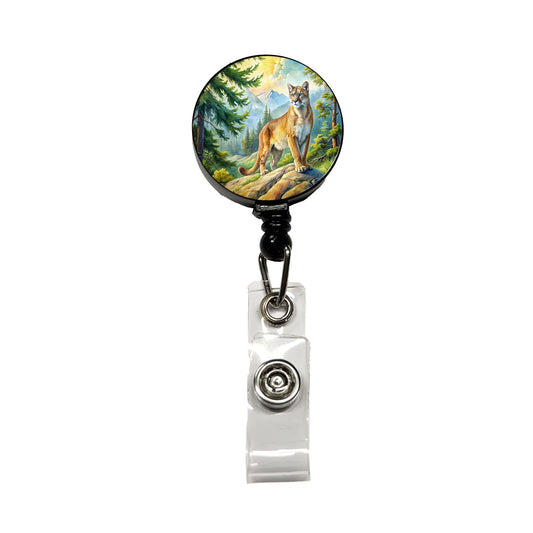 Mountain Lion Cougar In Woods Watercolor Retractable ID Key Card Name Tag Badge Holder with Clip