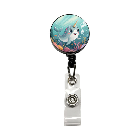 Narwhal Children's Illustration Style Retractable ID Key Card Name Tag Badge Holder with Clip