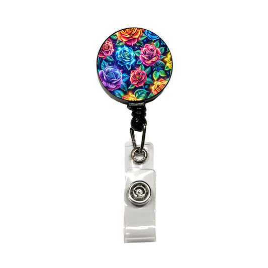 Neon Colorful Rose Floral Pattern Retractable ID Key Card Name Tag Badge Holder with Clip
