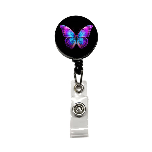 Neon Purple Blue Butterfly Retractable ID Key Card Name Tag Badge Holder with Clip