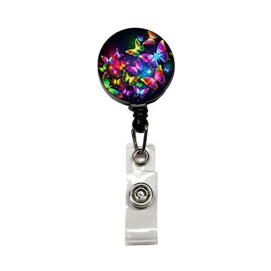 Neon Rainbow Butterflies Retractable ID Key Card Name Tag Badge Holder with Clip