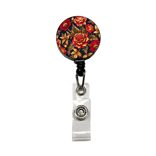 Neon Red And Gold Rose Floral Pattern Retractable ID Key Card Name Tag Badge Holder with Clip