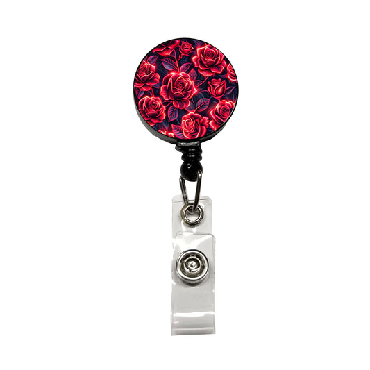 Neon Red Rose Floral Pattern Retractable ID Key Card Name Tag Badge Holder with Clip