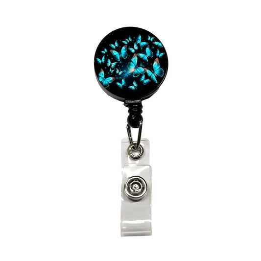 Neon Teal Blue Butterflies Retractable ID Key Card Name Tag Badge Holder with Clip