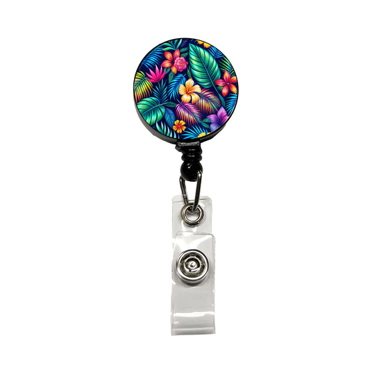 Neon Tropical Floral Pattern Retractable ID Key Card Name Tag Badge Holder with Clip
