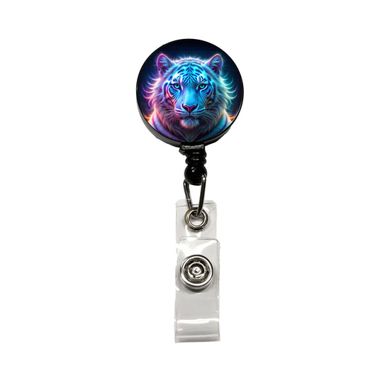 Neon White Tiger Face Retractable ID Key Card Name Tag Badge Holder with Clip