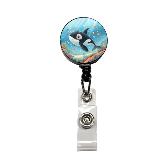 Orca Killer Whale Children's Illustration Style Retractable ID Key Card Name Tag Badge Holder with Clip