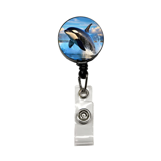 Orca Killer Whale Jumping Retractable ID Key Card Name Tag Badge Holder with Clip