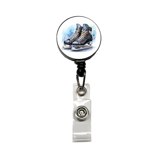 Pair Of Hockey Ice Skates Watercolor Retractable ID Key Card Name Tag Badge Holder with Clip