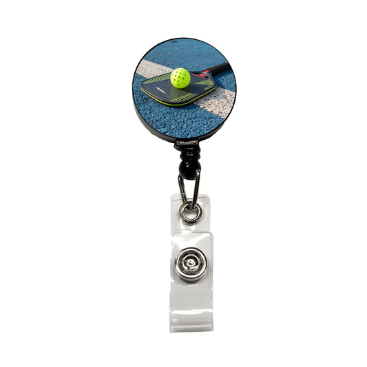 Pickleball Paddle and Ball on Court Retractable ID Key Card Name Tag Badge Holder with Clip