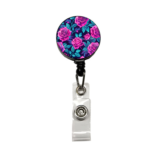 Pink Neon Rose Floral Pattern Retractable ID Key Card Name Tag Badge Holder with Clip