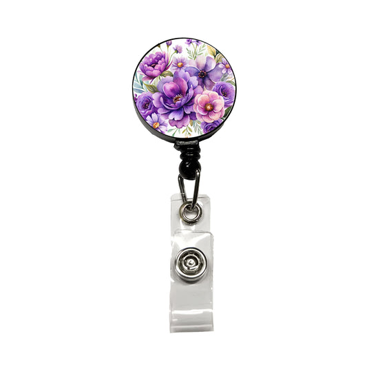 Purple Watercolor Flowers Retractable ID Key Card Name Tag Badge Holder with Clip