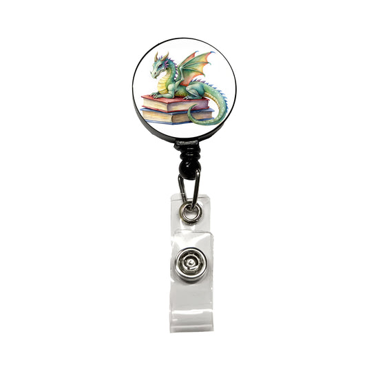 Reading Dragon Laying On Top Books Watercolor Retractable ID Key Card Name Tag Badge Holder with Clip