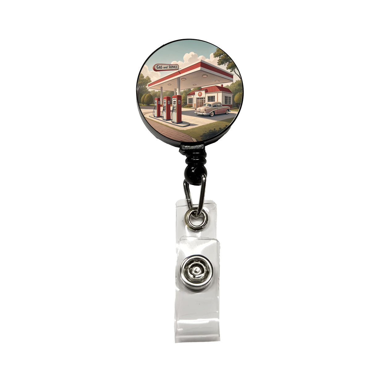 Retro Americana 1950's Gas Station Convenience Store Retractable ID Key Card Name Tag Badge Holder with Clip