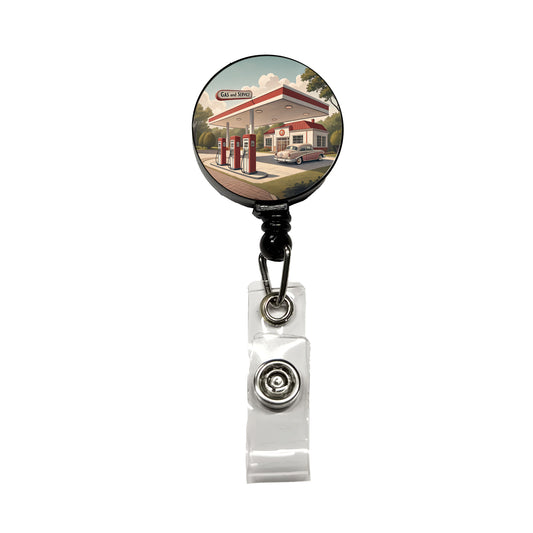 Retro Americana 1950's Gas Station Convenience Store Retractable ID Key Card Name Tag Badge Holder with Clip